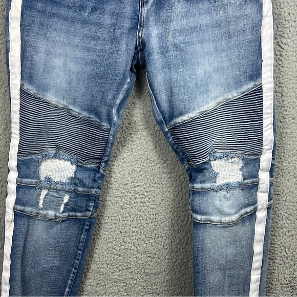 Crysp Denim Jeans Mens 36 Medium Wash Skinny Fit Distressed Patched Zippers - Picture 11 of 15